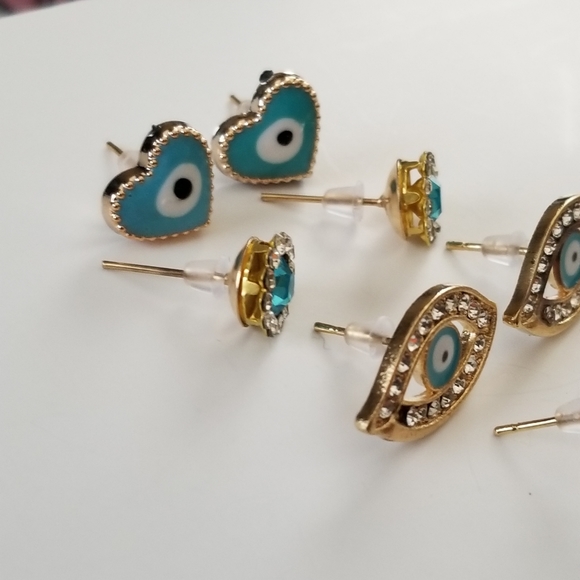 3/30❤️Evil Eye Protection Teal Stud Earrings 3 pcs Set New - Picture 8 of 9